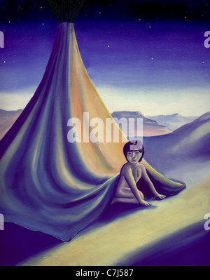 Native American kid uscendo all'alba, la pittura di olio Foto Stock