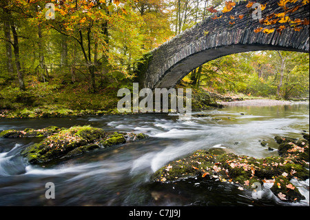 Passerella di pietra su un piccolo fiume in autunno, Lake District, England, Regno Unito Foto Stock