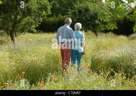 Coppia di anziani camminare nel campo dei fiori Foto Stock