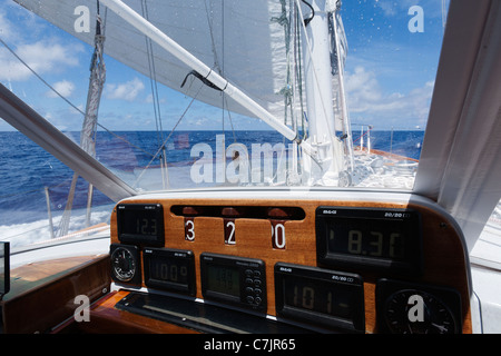 Strumento panal visualizzando il vento e il cuscinetto a bordo di una barca a vela in mezzo all'oceano offshore Foto Stock