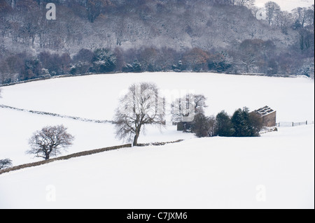 Vista panoramica della valle rurale innevata durante la fredda giornata invernale innevata (fienile in pietra, bosco, pendii collinari) - Yorkshire, Inghilterra, Regno Unito