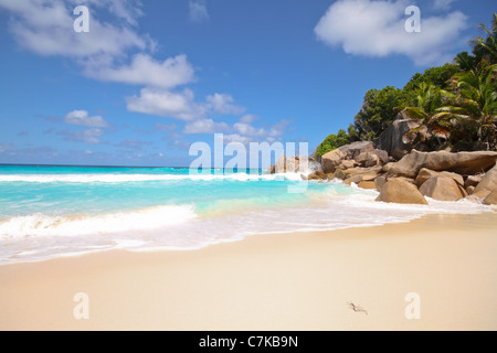 Vista sulla spiaggia di Petit Anse al La Digue Island, Seychelles. Foto Stock