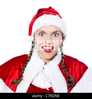 Una donna natale sorpresa gioiosa vestiti da Babbo Natale su studio isolato sfondo bianco Foto Stock