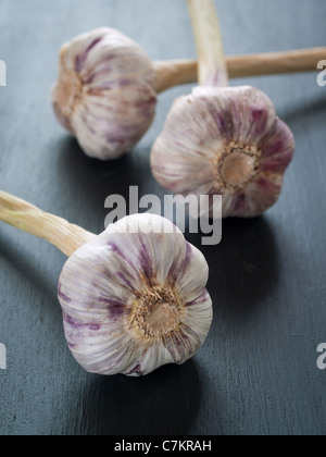 3 teste di aglio seduti su un rustico in legno nero board Foto Stock