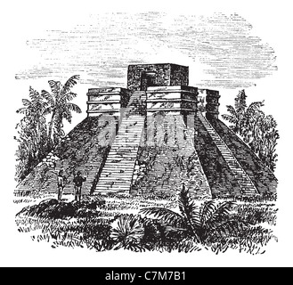 Palenque Tempio Piramide in Messico, durante il 1890s, vintage incisione. Vecchie illustrazioni incise di Palenque Tempio Piramide. Foto Stock