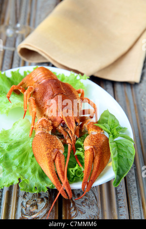 Tutto a base di aragosta cotta con contorno di insalata su una piastra Foto Stock