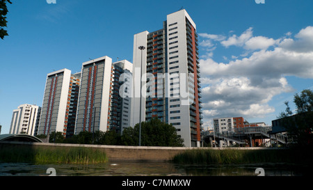 Nuovo alto luogo alloggiamento edifici appartamento blocchi a Torre (Tower) a Virginia Quay appartamenti contro skyline nelle vicinanze DLR Docklands Light Railway line station in 'East India Docks" Londra UK KATHY DEWITT Foto Stock