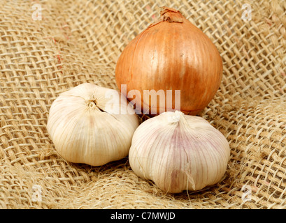 Garlics e cipolla su un rustico panno fibra. Foto Stock