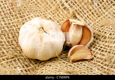 Garlics oltre un rustico panno fibra. Foto Stock