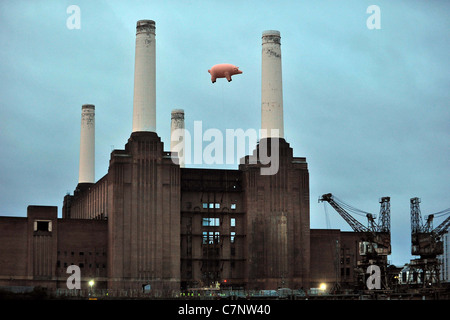 Suini di un'ala. Pink Floyd volare i loro suini iconica over Battersea Power Station, 35 anni. Battersea. Londra. 26/09/2011. Foto Stock