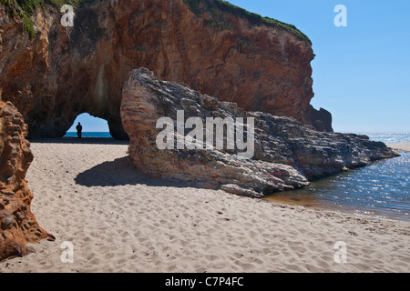 Vista del tunnel naturale del foro nella parete spiaggia di Santa Cruz, CA. Foto Stock