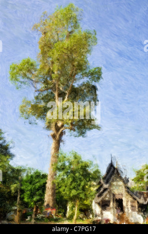 Pittura impressionista di un albero in un Thai tempio buddista Foto Stock