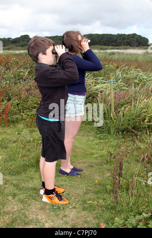 Famiglia birdwatching; Marazion; Cornovaglia; Regno Unito Foto Stock