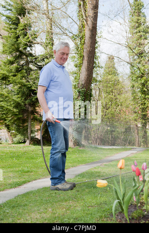 Uomo anziano fiori di irrigazione in cortile Foto Stock