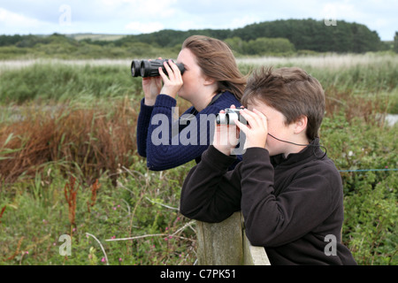 Bambini Bird Watching; Marazion; Cornovaglia Foto Stock