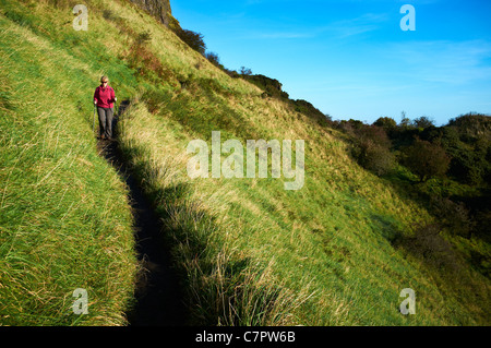 Donna Hill walker sulla grotta passeggiate in collina sul percorso usando poli, grotta Hill Country Park Foto Stock