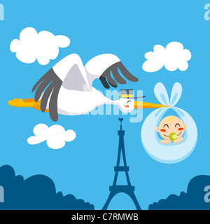 Carino stork battenti il cielo di Parigi sulla Torre Eiffel che trasportano un neonato per la consegna Foto Stock