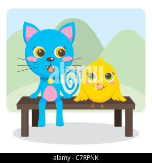 Gatto blu e giallo bird amici seduti su una panchina nel parco insieme sorridente e parlare Foto Stock