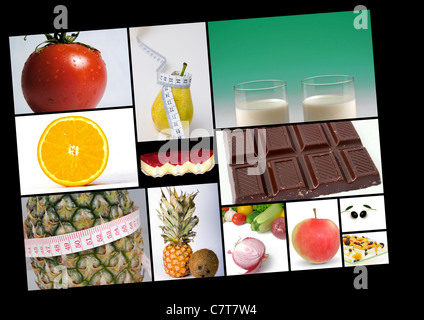 Un set di immagini diverse su una dieta è isolato su sfondo nero Foto Stock