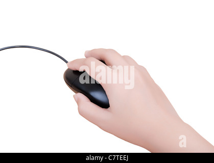 Mano di Business fare clic su mouse isolato su uno sfondo bianco. Foto Stock