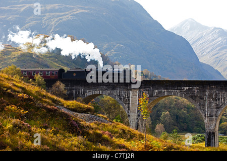 Giacobita treno a vapore attraversando il viadotto Glenfinnan in autunno con il Loch Shiel in background, Lochaber, Scotland, Regno Unito, Europa Foto Stock