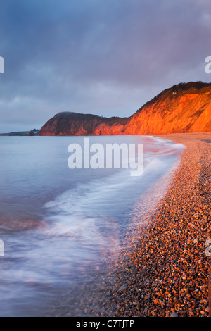 La masterizzazione di scogliere rosso a Sidmouth su Jurassic Coast, Devon, Inghilterra. Inverno (febbraio) 2011. Foto Stock