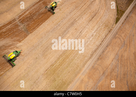 Due dispositivi di prelievo combinando un campo di lenticchie nella prateria Foto Stock