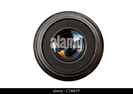 Obiettivo della fotocamera isolato su sfondo bianco, pronto per l'uso Foto Stock
