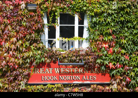 Foglie di autunno che copre la parete presso il Great Western pub in Inghilterra Foto Stock