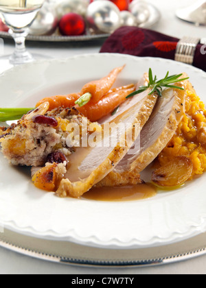 Cena di Natale turchia ripieno di carote e purè di patate dolci Foto Stock