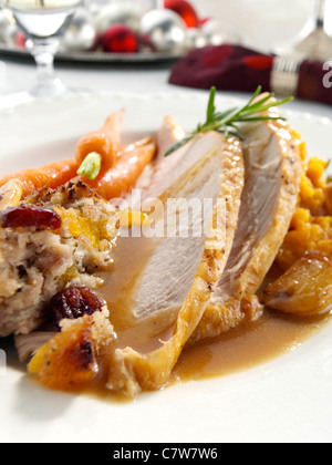 Cena di Natale turchia ripieno di carote e purè di patate dolci Foto Stock