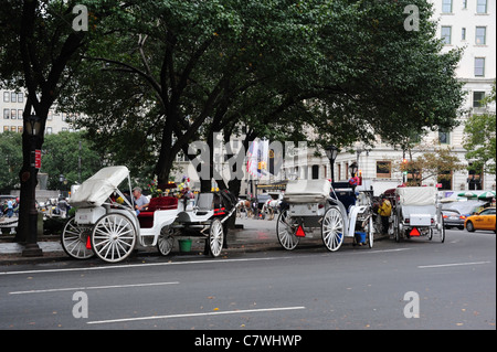 White carrozze trainate da cavalli schierate intorno alla fontana Pulitzer, metà meridionale Grand Army Plaza Central Park South, New York Foto Stock