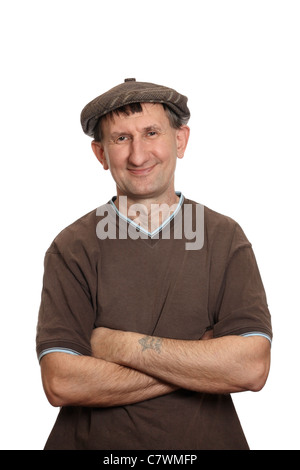 Ritratto di un uomo che indossa un cappello con uno sfondo bianco Foto Stock