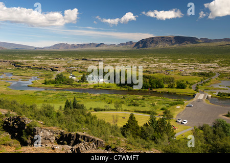 Vista su tutta Thingvellir (Þingvellir) Parco Nazionale nel sud-ovest dell'Islanda. Foto Stock