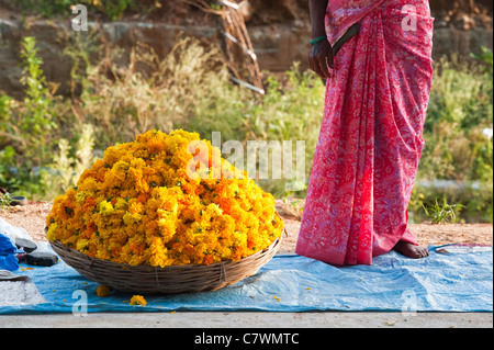 Donna indiana la vendita di calendula fiori in un cestello per la puja indù offerte. Puttaparthi, Andhra Pradesh, India Foto Stock