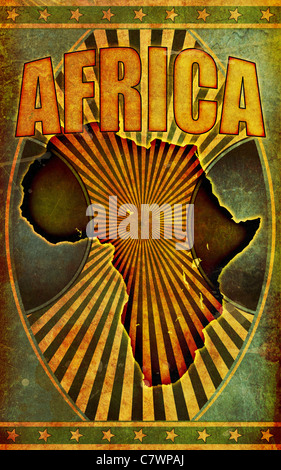 Uno stile retrò, grunge illustrazione poster con la parola Africa in grassetto titolo scritte e una silhouette grafica del continente Foto Stock