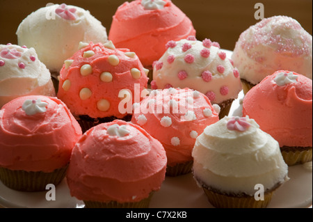 Tortine frosted rosa e bianco in diversi modelli su una piastra di torta back lit Foto Stock