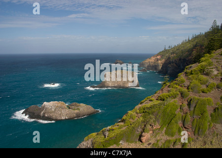 Isola Norfolk scena costiere con vista oceano, scogliere e isole offshore Foto Stock