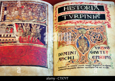 Spagna, San Giacomo Titolo: Medievale Codex Calixtinus nella libreria Archivio della Cattedrale di Santiago de Compostela Foto Stock