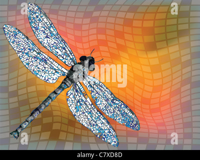 Dragon Fly contro texture squadrata, astratto arte vettoriale illustrazione Foto Stock