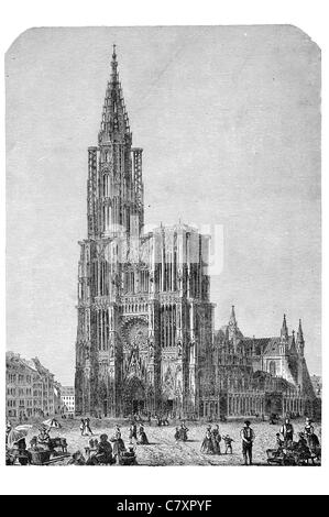 La cattedrale di Strasburgo la Madonna Cattolica Romana Francia romanica architettura gotica Erwin von Steinbach chiesa guglia Foto Stock