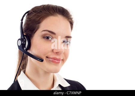 Primo piano di un bel servizio di assistenza clienti donna sorridente Foto Stock