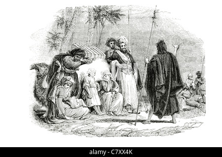 Halt on un viaggio caravan viaggio alla ricerca del cammello beduino di riposo break Palm tree Foto Stock