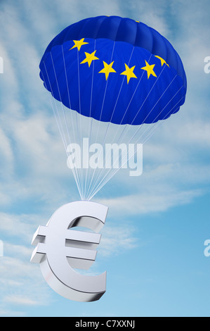 Parachute con la bandiera europea su di esso tenendo un simbolo valuta euro Foto Stock