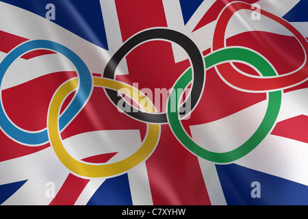 Bandiera del Regno Unito con anelli olimpici Foto Stock