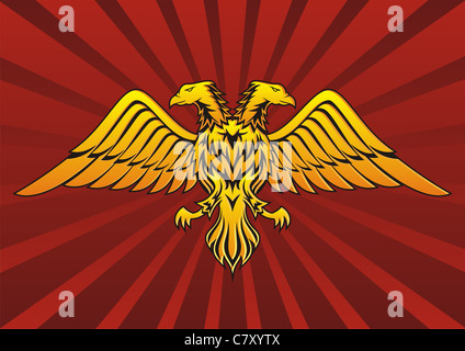 Double HEADED EAGLE in dark sfondo rosso Foto Stock