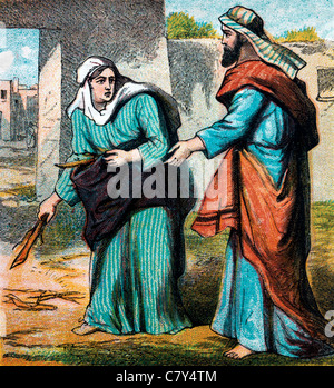 Le storie della Bibbia- illustrazione di Elia che arrivano alla porta della città chiedendo la vedova di un recipiente di acqua Foto Stock