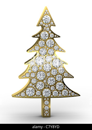 Golden albero di Natale con diamanti su sfondo bianco Foto Stock