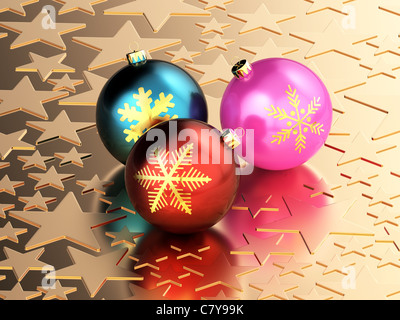 3D rendering delle palle di Natale su golden stars sfondo Foto Stock