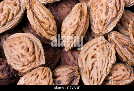 Semi di pesche raccolte insieme dopo il processo di conservazione del succo di pesca Foto Stock